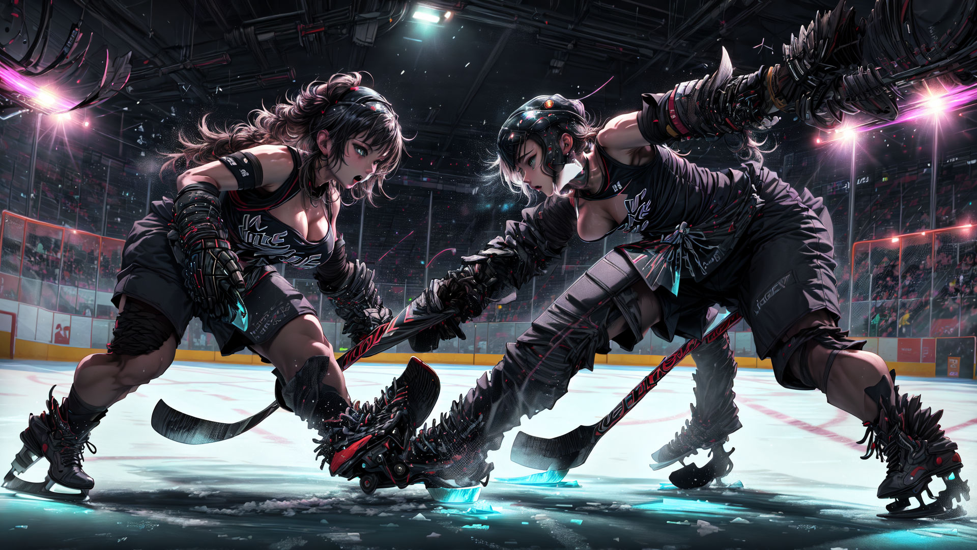 AI generated wallpaper featuring ice hockey, players, skates, helmet, stadium, glowing, hockey stick