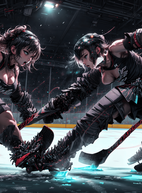 ice hockey, players, skates, helmet, stadium, glowing, hockey stick