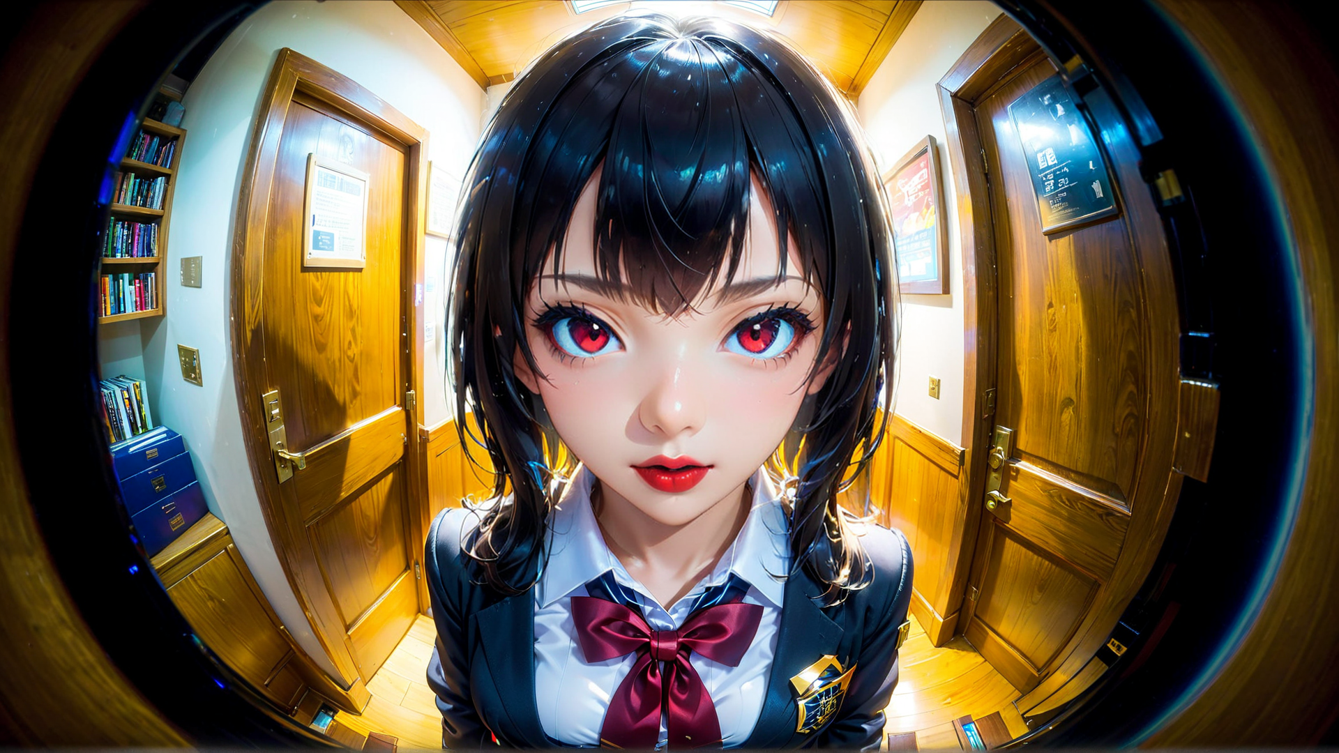 AI generated wallpaper featuring girl, school uniform, anime, corridor, door