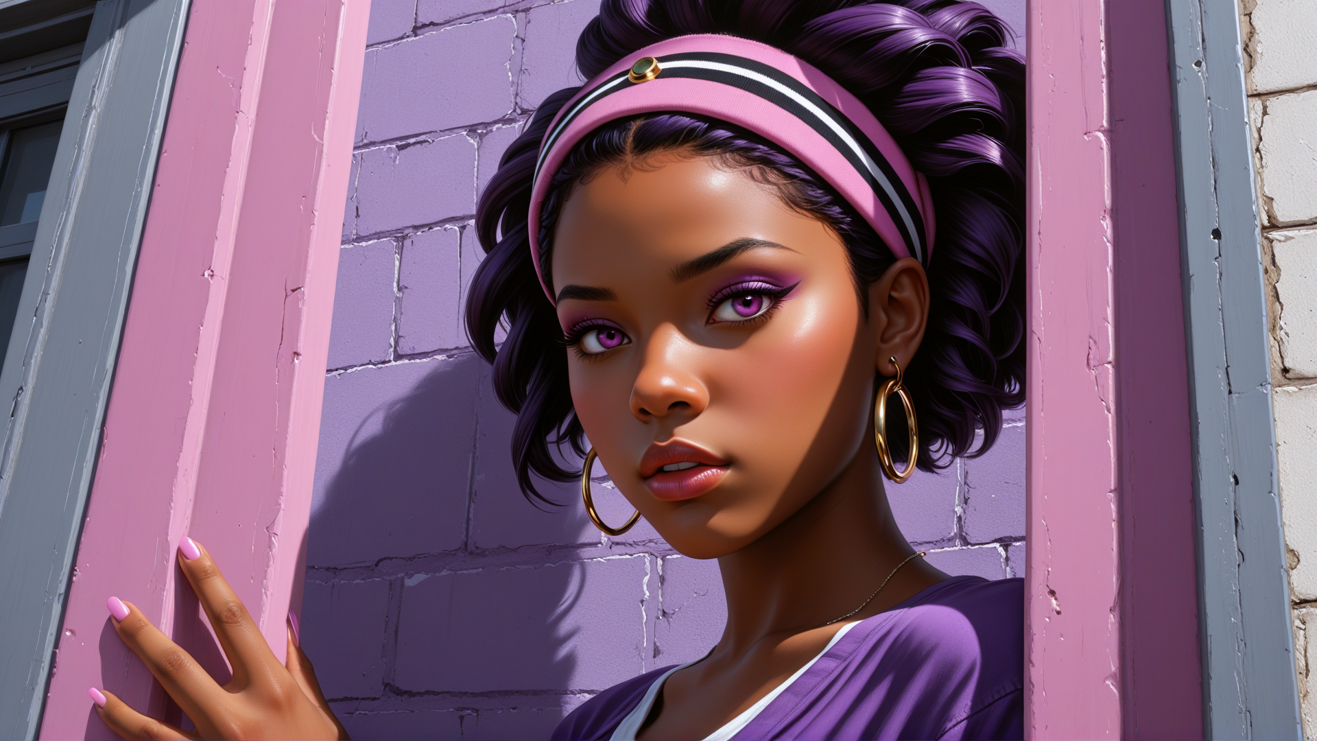 AI generated wallpaper featuring woman, headband, earrings, hand, window, hair