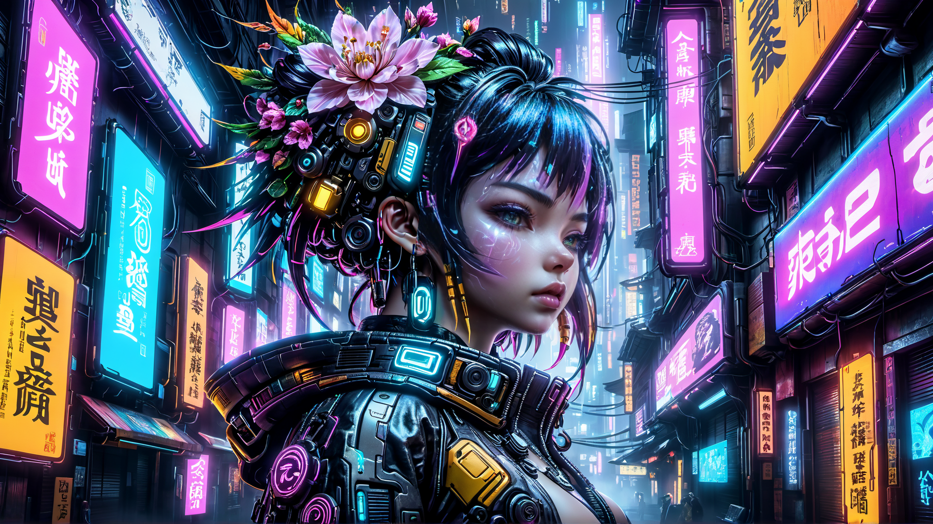 AI generated wallpaper featuring cyberpunk, woman, neon