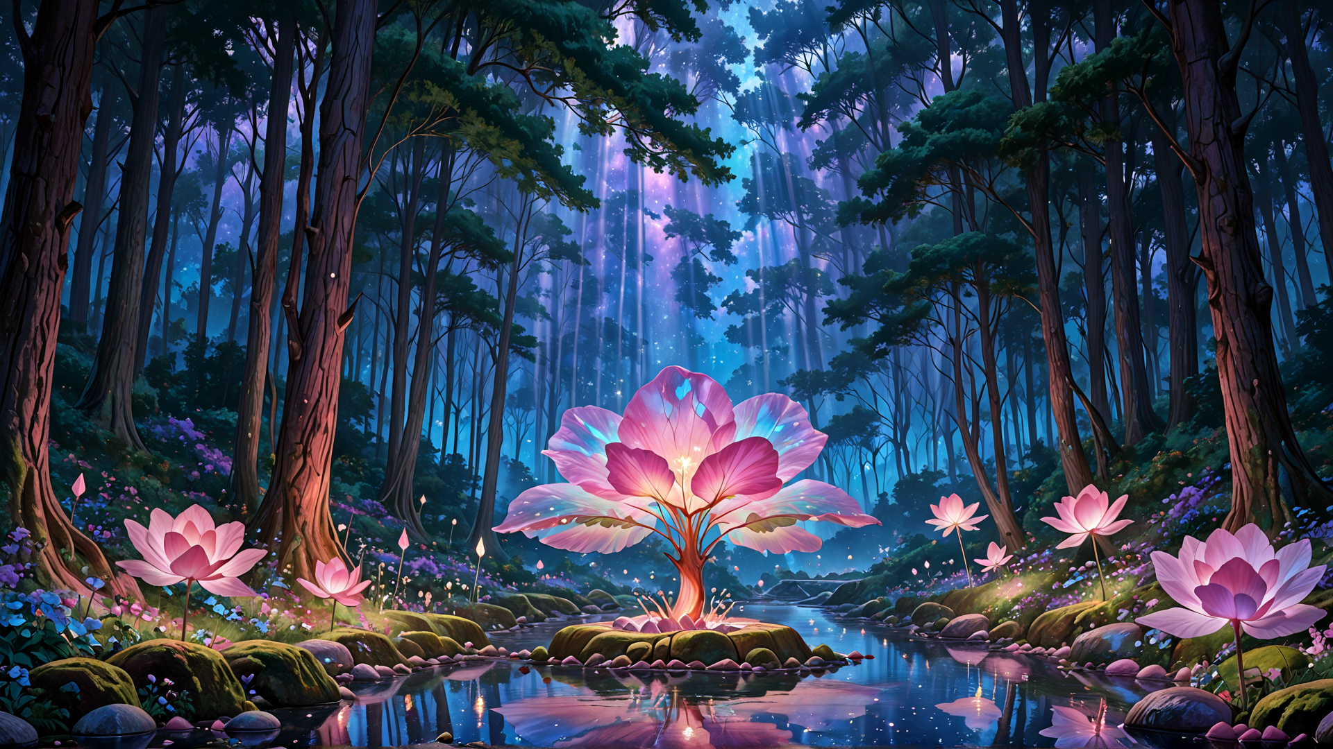 AI generated wallpaper featuring forest, tree, flower, lotus, river, light, moss, plants, cascading, glow