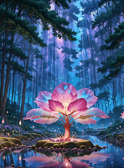 forest, tree, flower, lotus, river, light, moss, plants, cascading, glow