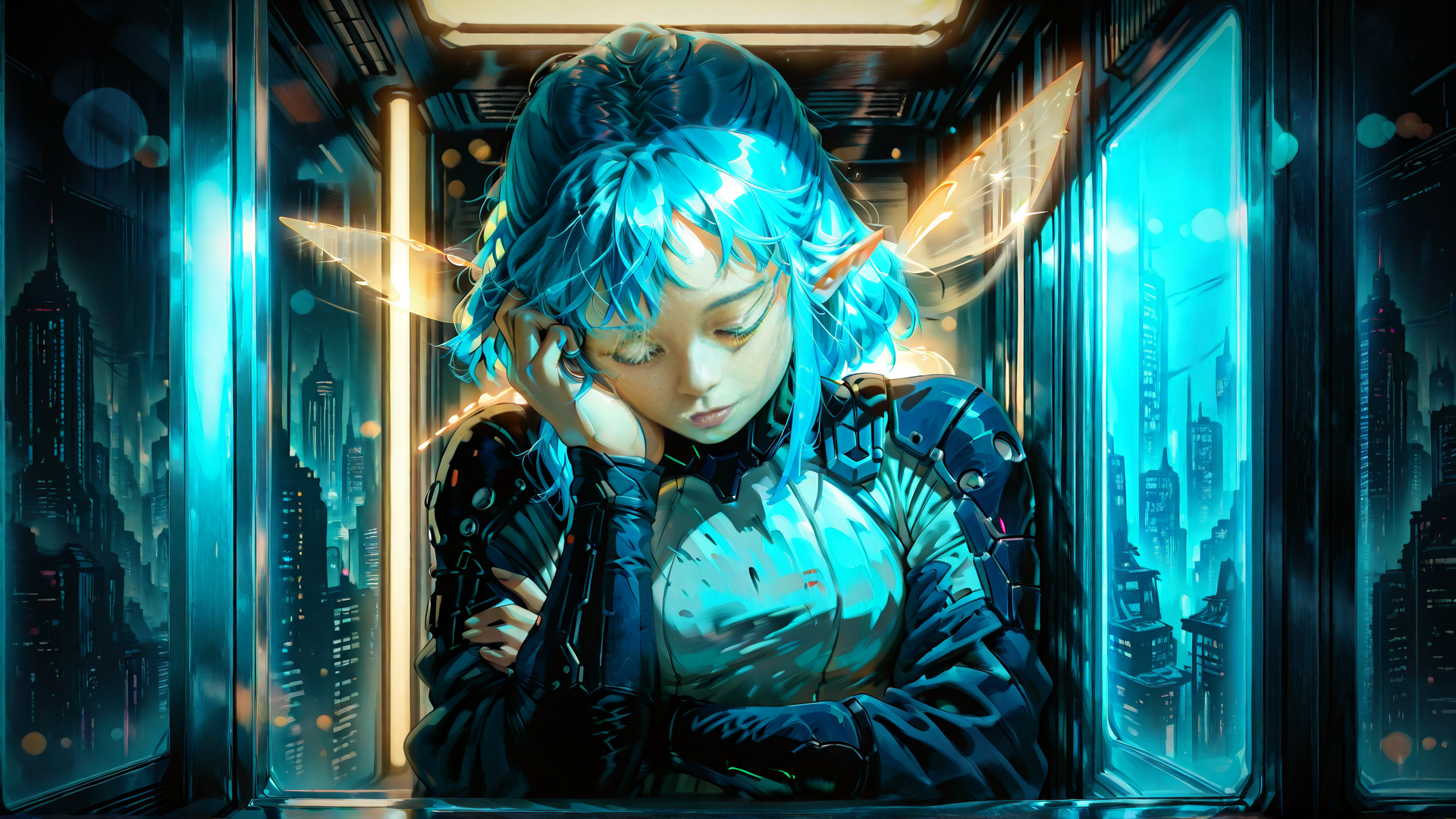 AI generated wallpaper featuring elf, cyborg, girl