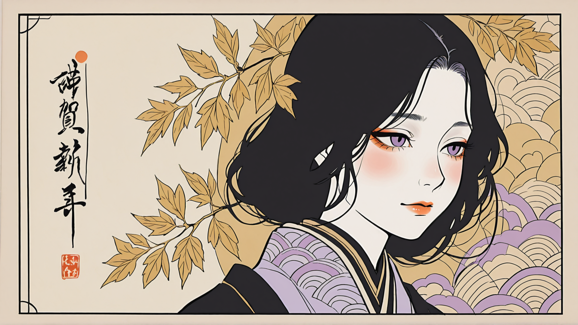 AI generated wallpaper featuring woman, kimono, leaves, background