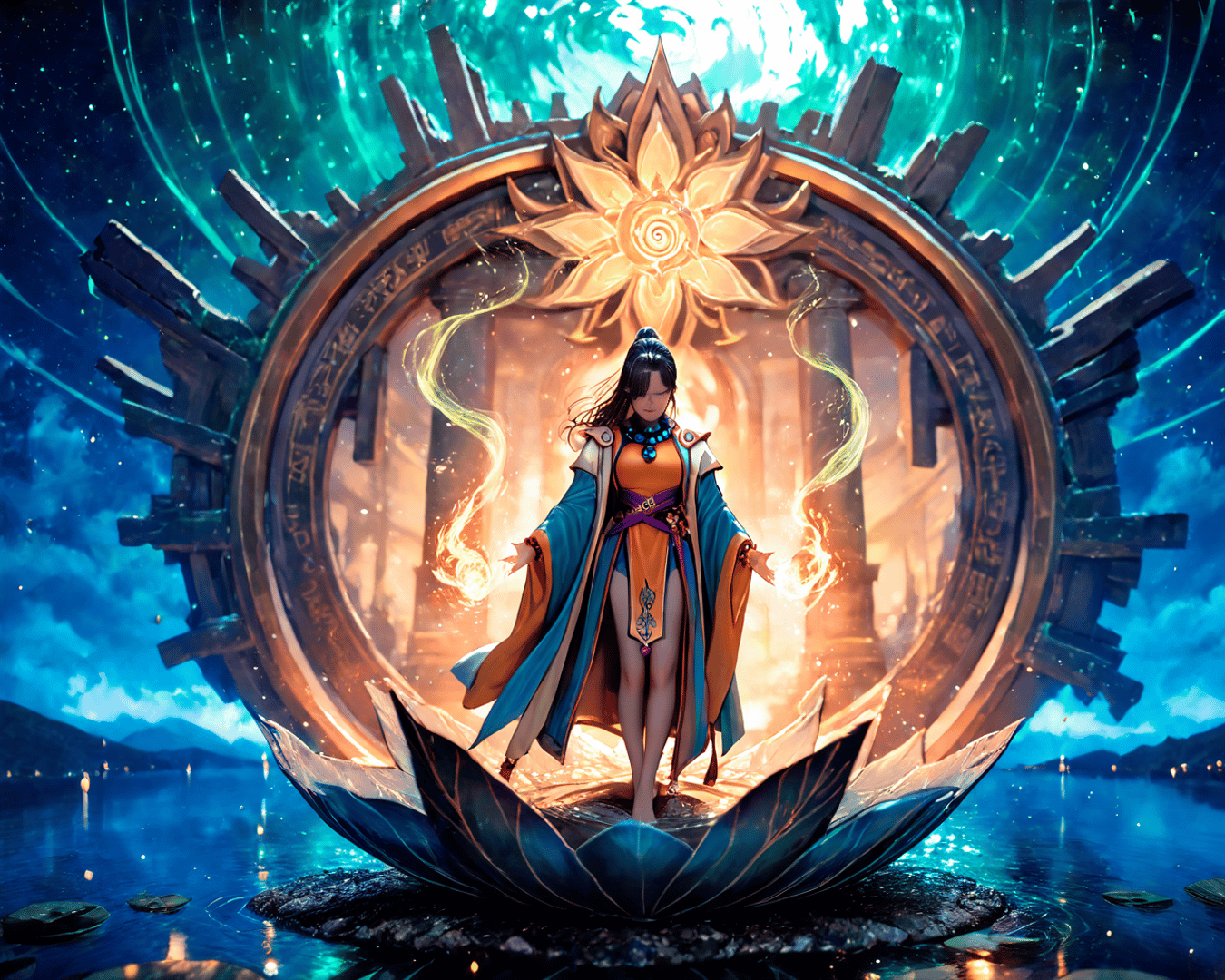 AI generated wallpaper featuring woman, ancient gate, lotus
