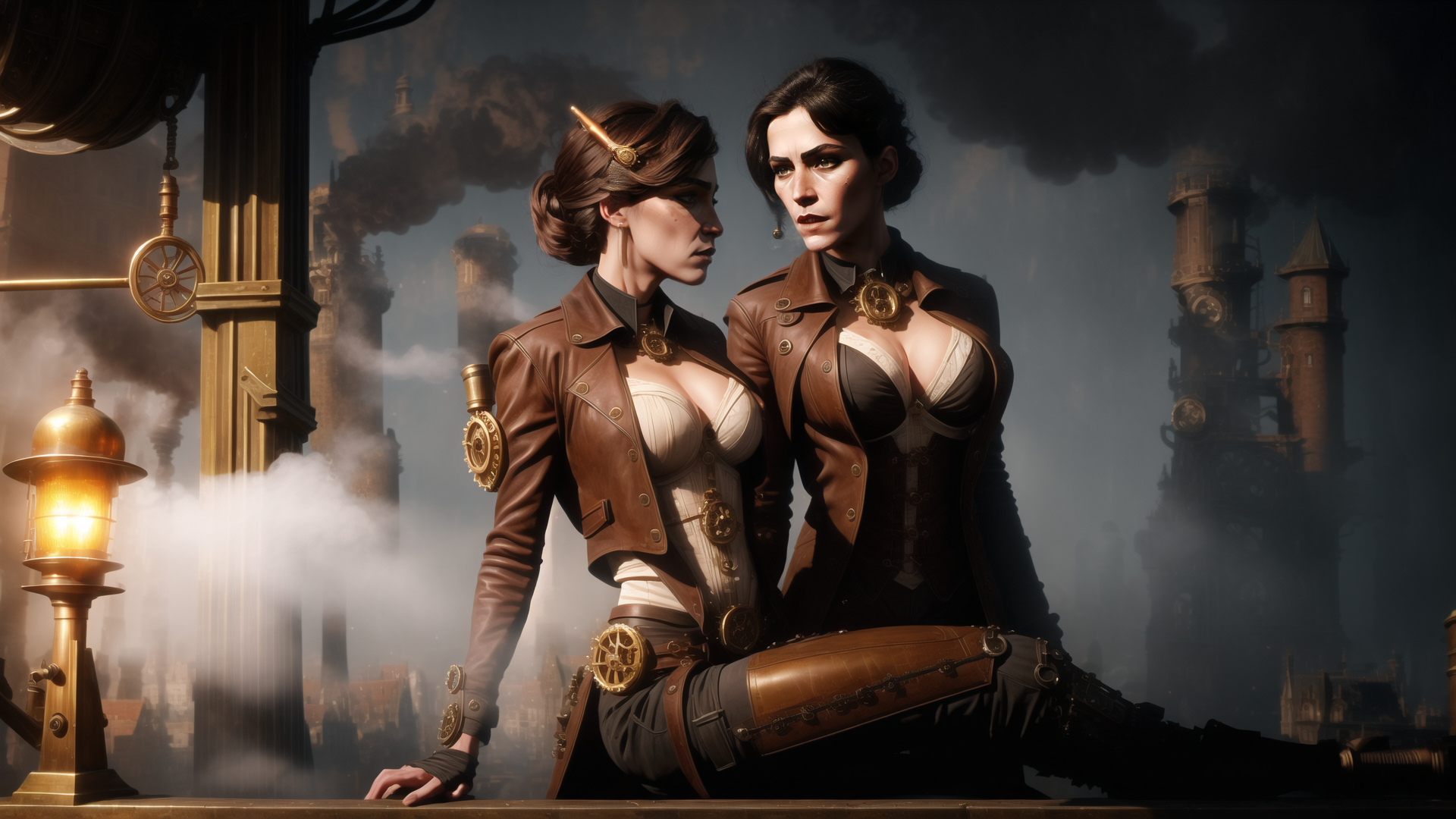 AI generated wallpaper featuring women, steampunk, cityscape