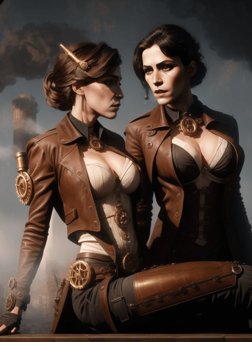 women, steampunk, cityscape