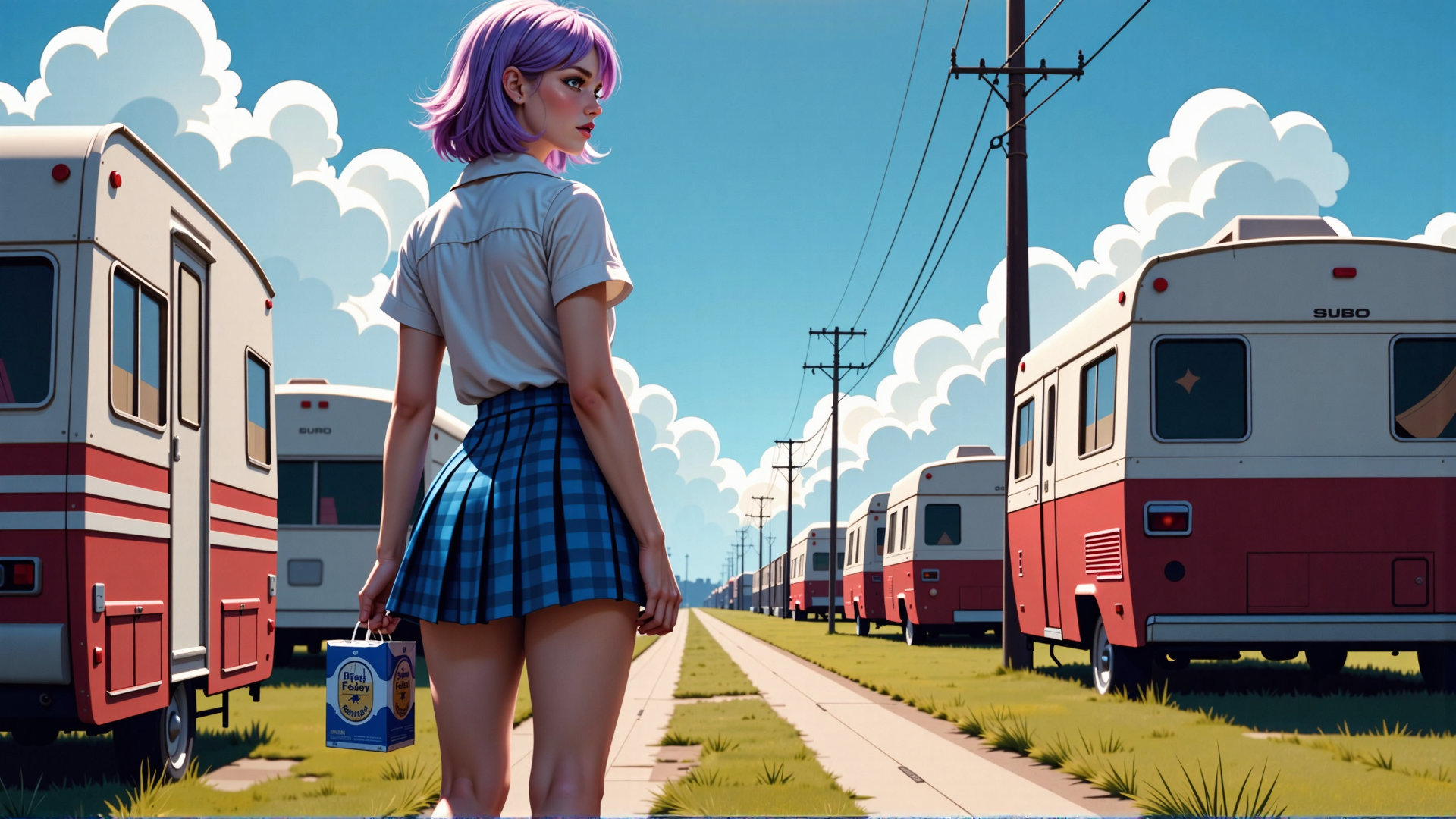 AI generated wallpaper featuring woman, camper van, skirt, bottle, road, cloud, power line