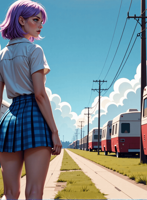 woman, camper van, skirt, bottle, road, cloud, power line