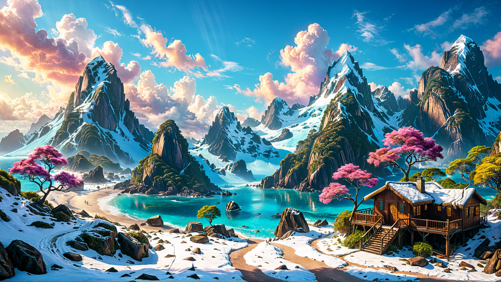AI generated wallpaper featuring mountains, beach, house, trees, sky