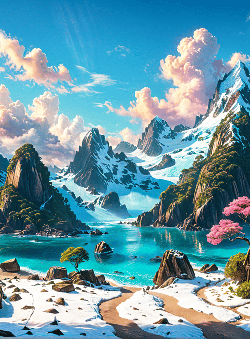 mountains, beach, house, trees, sky