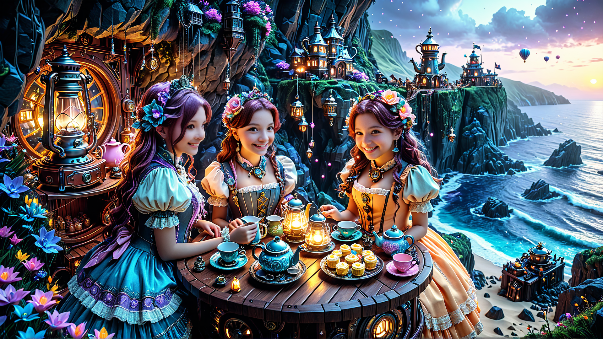 AI generated wallpaper featuring princesses, tea party, castle