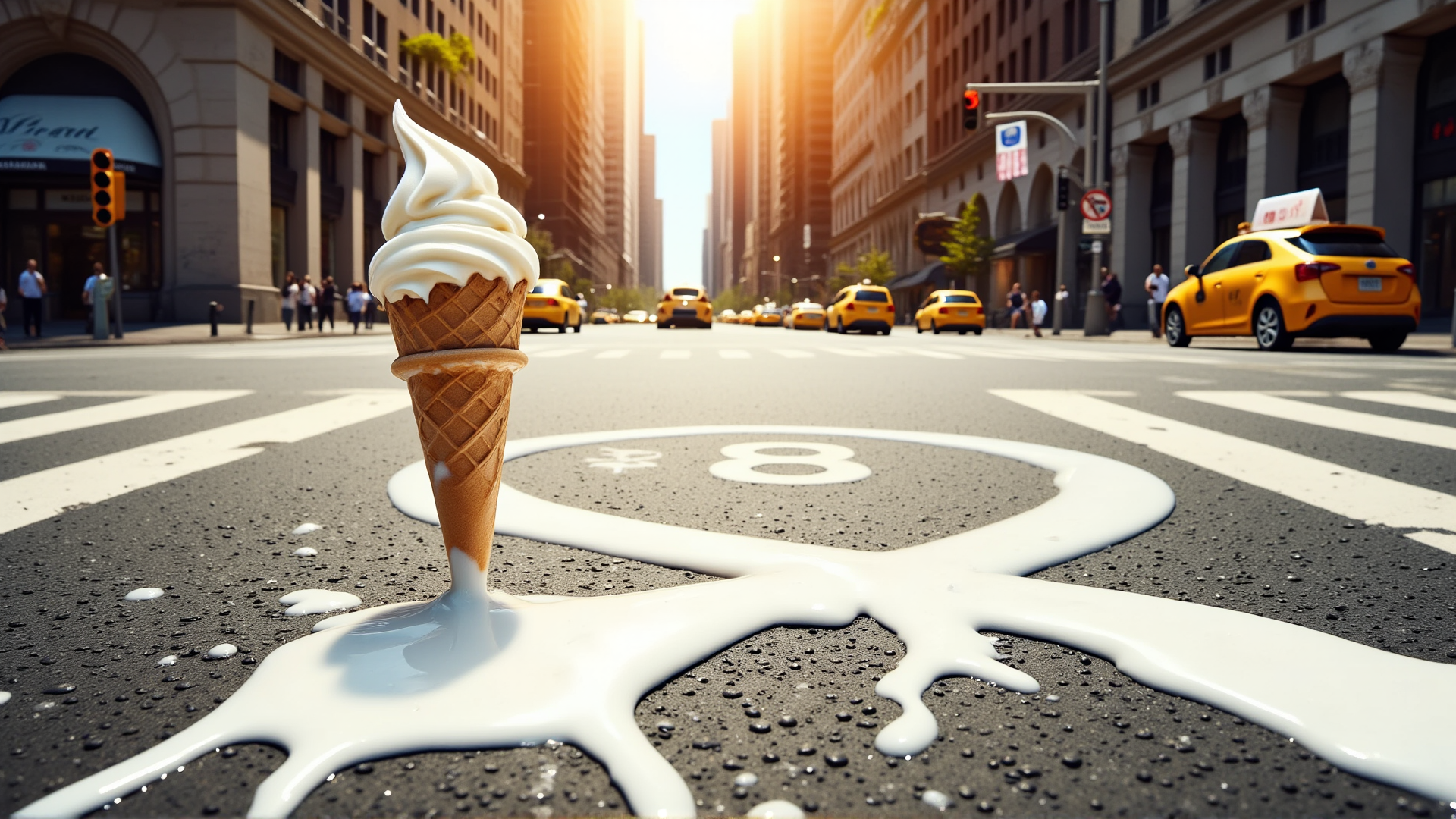AI generated wallpaper featuring ice cream, street, taxi