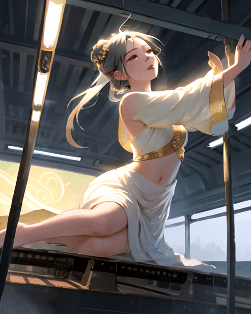 AI generated wallpaper featuring woman, ancient, dress, furniture, light, hair, window, building, silk, gold