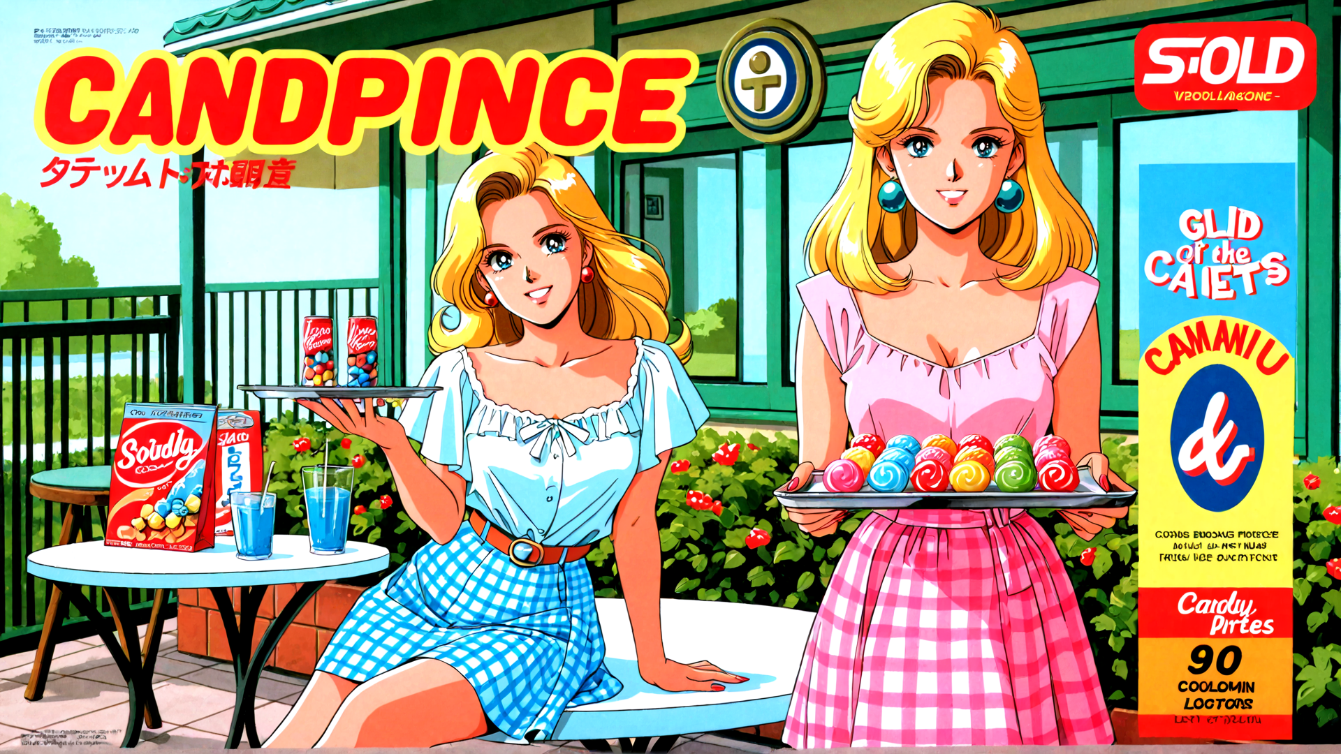 AI generated wallpaper featuring women, candies, trays, table, building, flowers, signs, dress, bottles, bottles