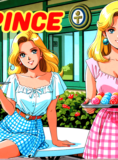 women, candies, trays, table, building, flowers, signs, dress, bottles, bottles