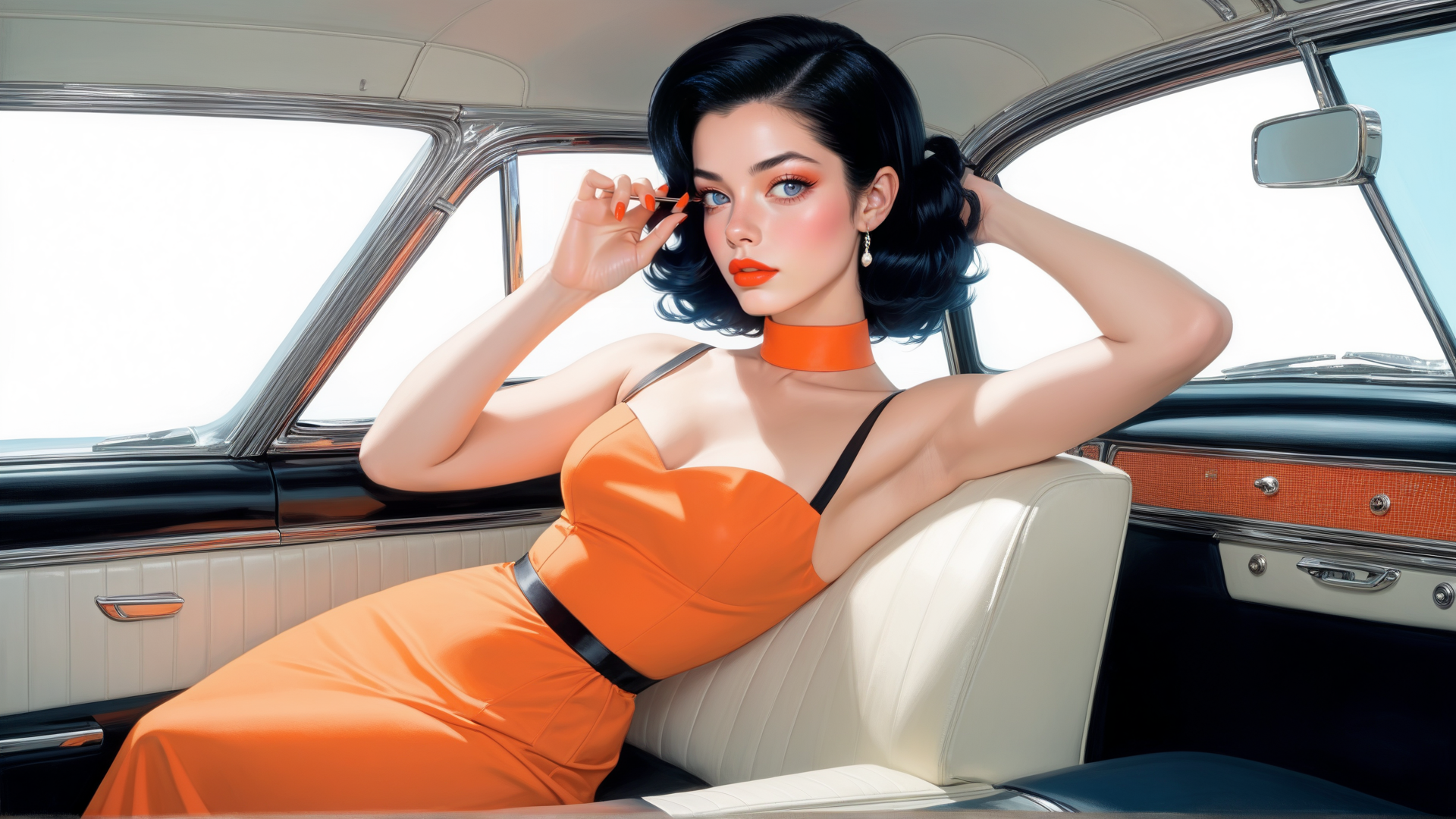 AI generated wallpaper featuring woman, car, dress