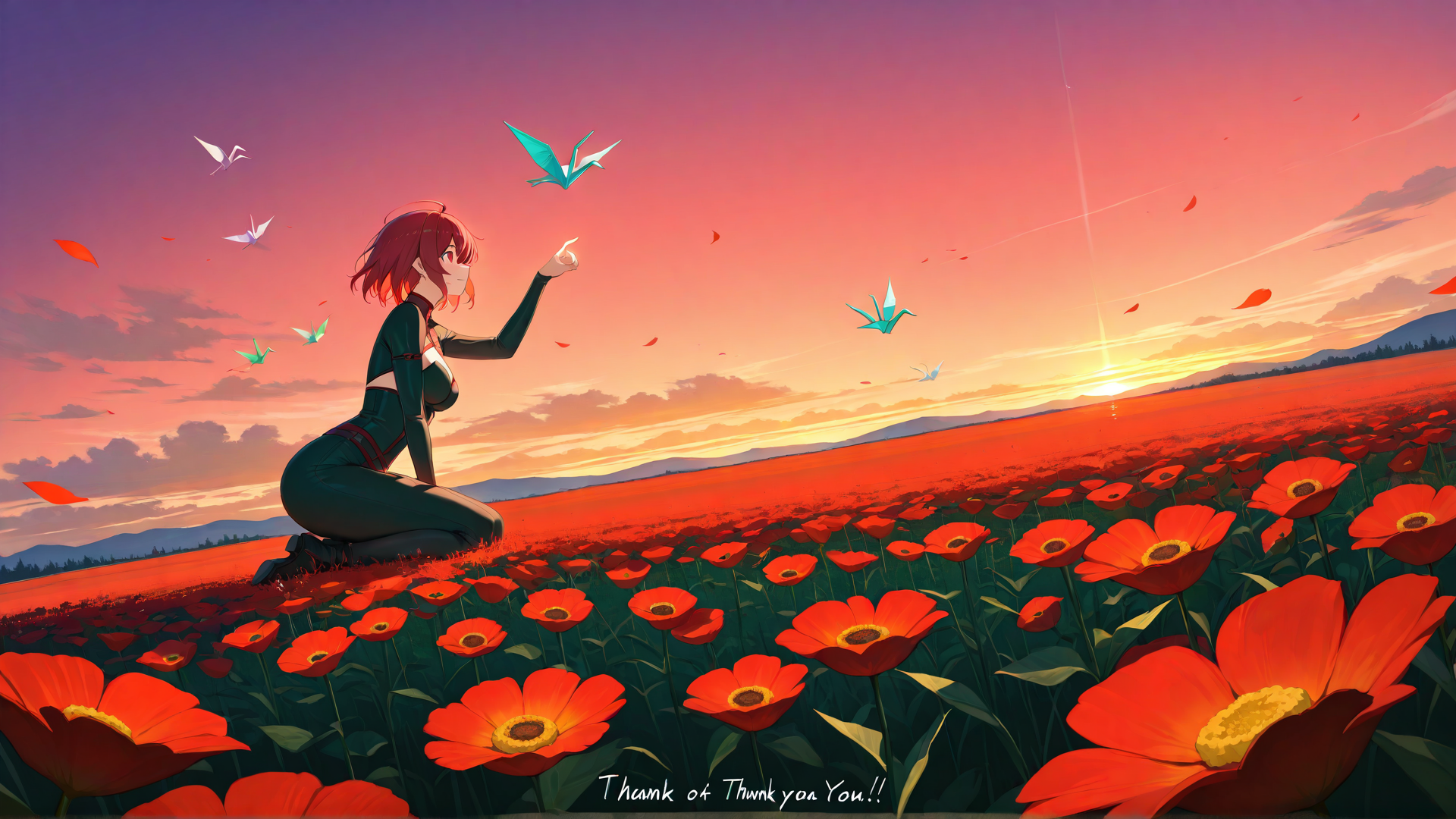 AI generated wallpaper featuring girl, paper crane, flowers