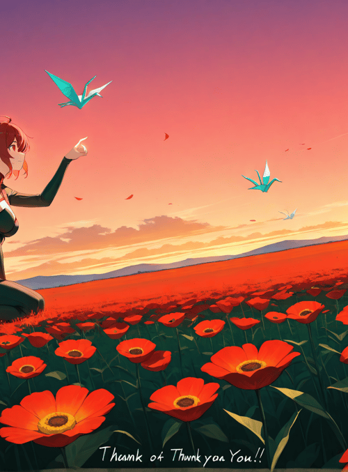 girl, paper crane, flowers