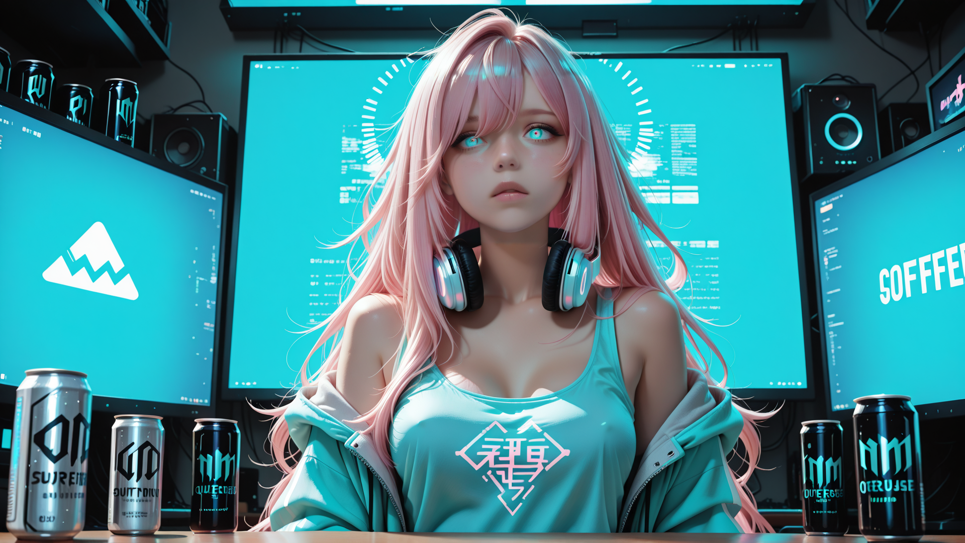 AI generated wallpaper featuring girl, headphones, monitor, cans, hoodie, tanktop, speakers, gaming setup, digital display, logo