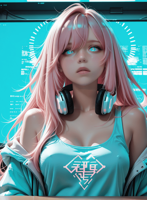 girl, headphones, monitor, cans, hoodie, tanktop, speakers, gaming setup, digital display, logo