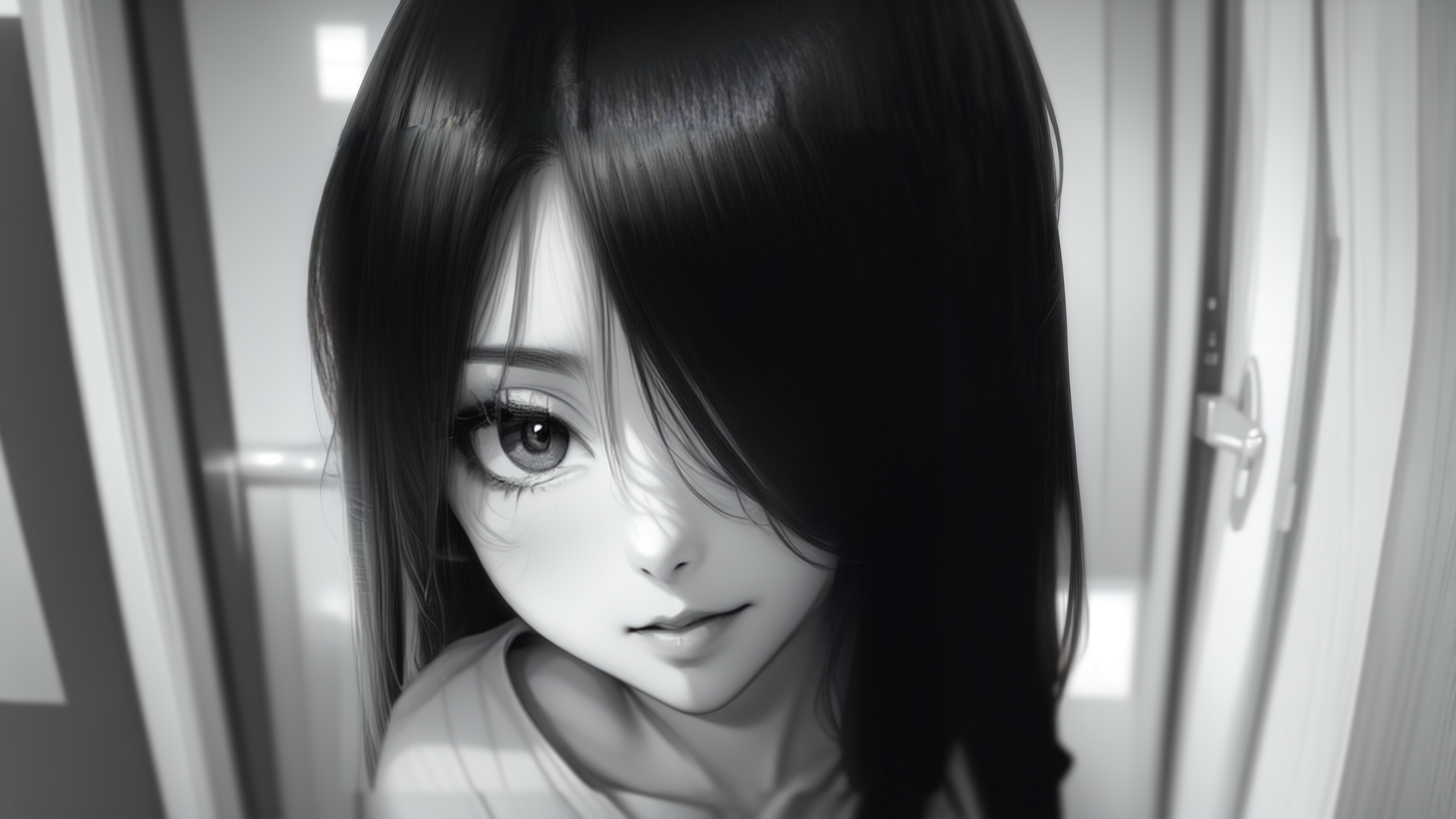 AI generated wallpaper featuring girl, hair, door