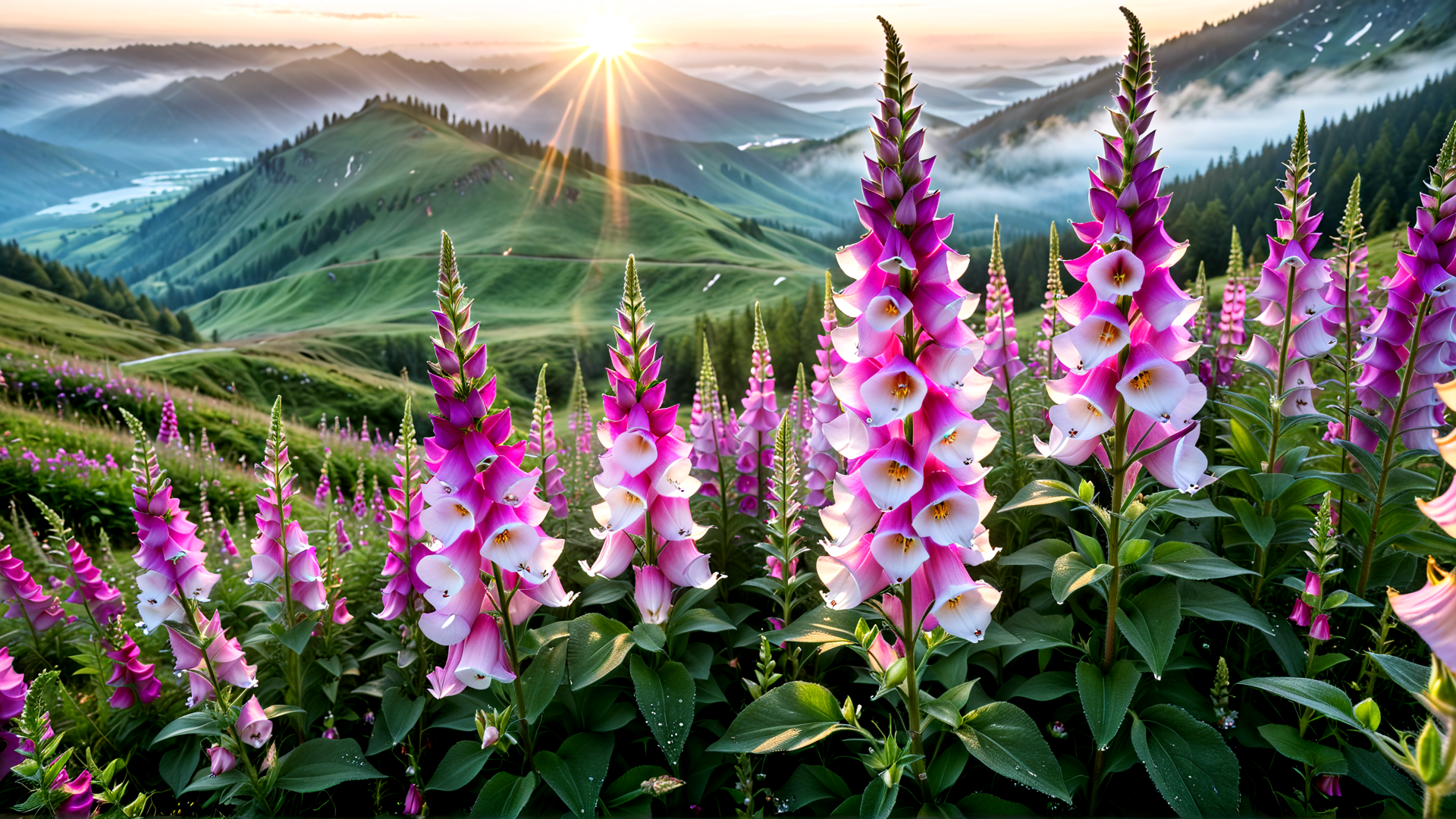 AI generated wallpaper featuring flowers, mountains, sunlight, meadow, hills, valley, clouds, greenery, wildflowers, landscape