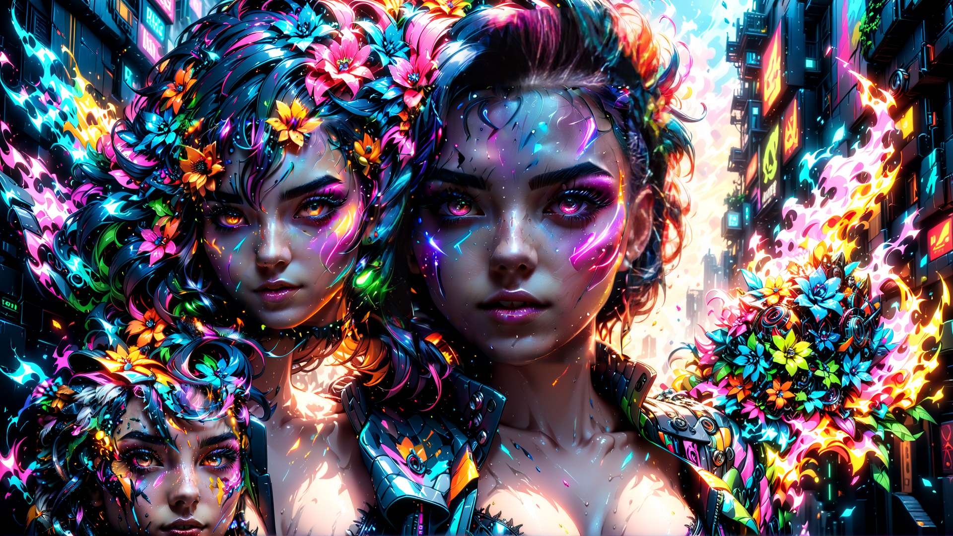 AI generated wallpaper featuring women, flowers, cyberpunk