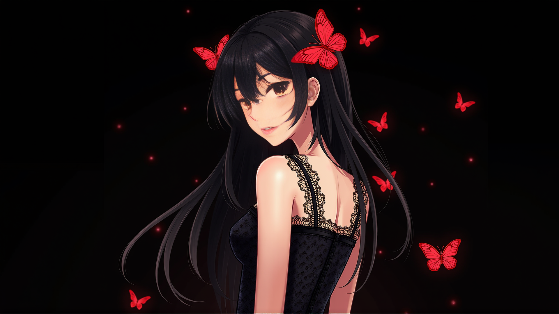 AI generated wallpaper featuring anime girl, butterflies, lace dress