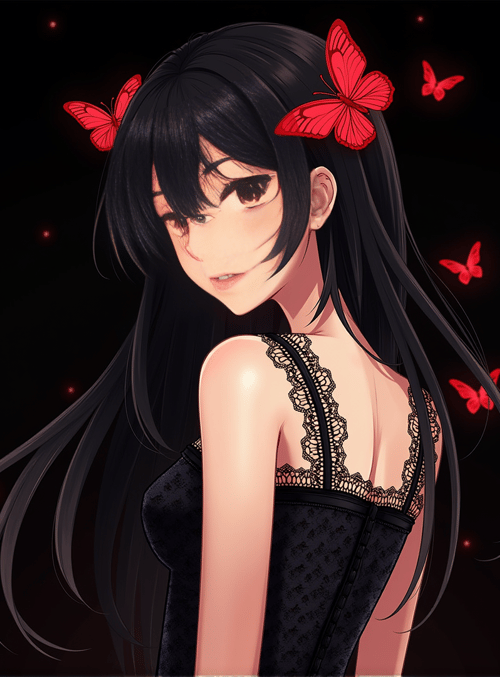 anime girl, butterflies, lace dress