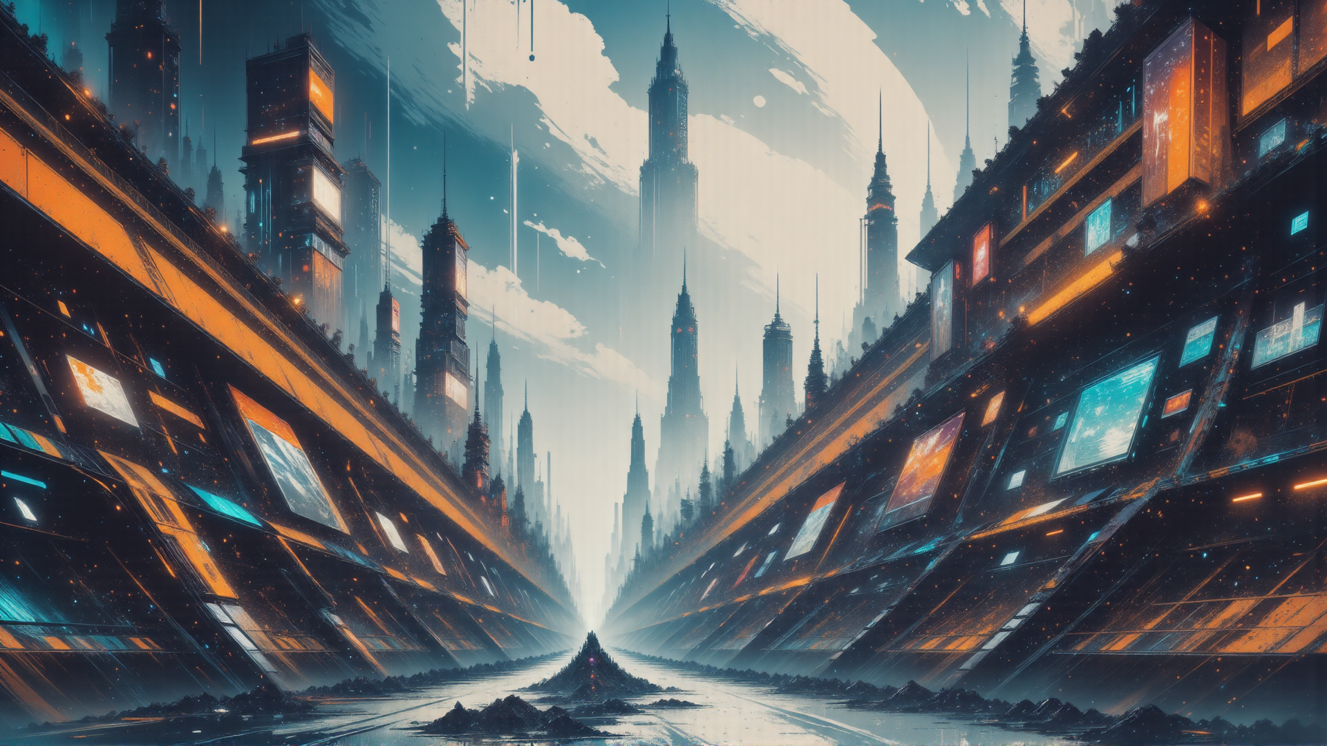 AI generated wallpaper featuring cityscape, skyscrapers, buildings, water, structures, digital screens, skyline, tower, futurism, neon