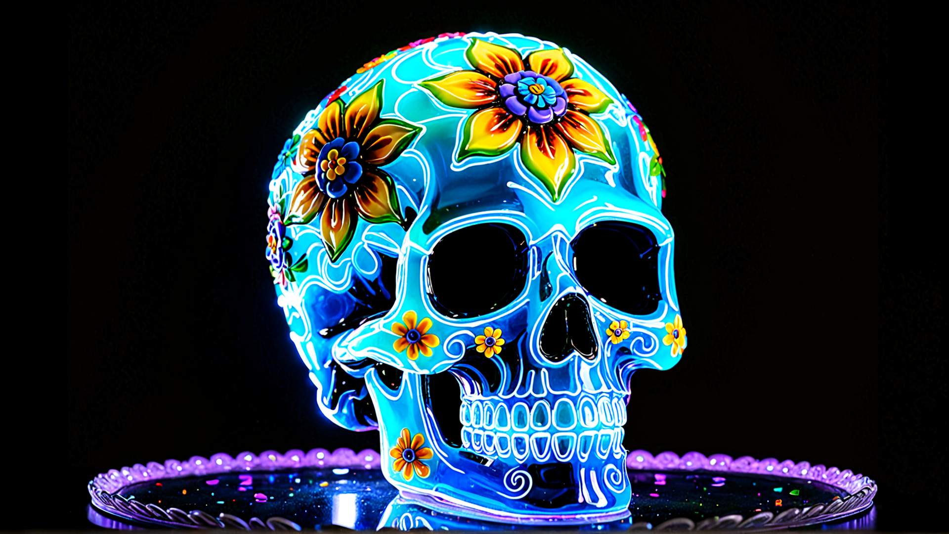 AI generated wallpaper featuring skull, flower, glow, glitter, plate