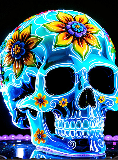 skull, flower, glow, glitter, plate