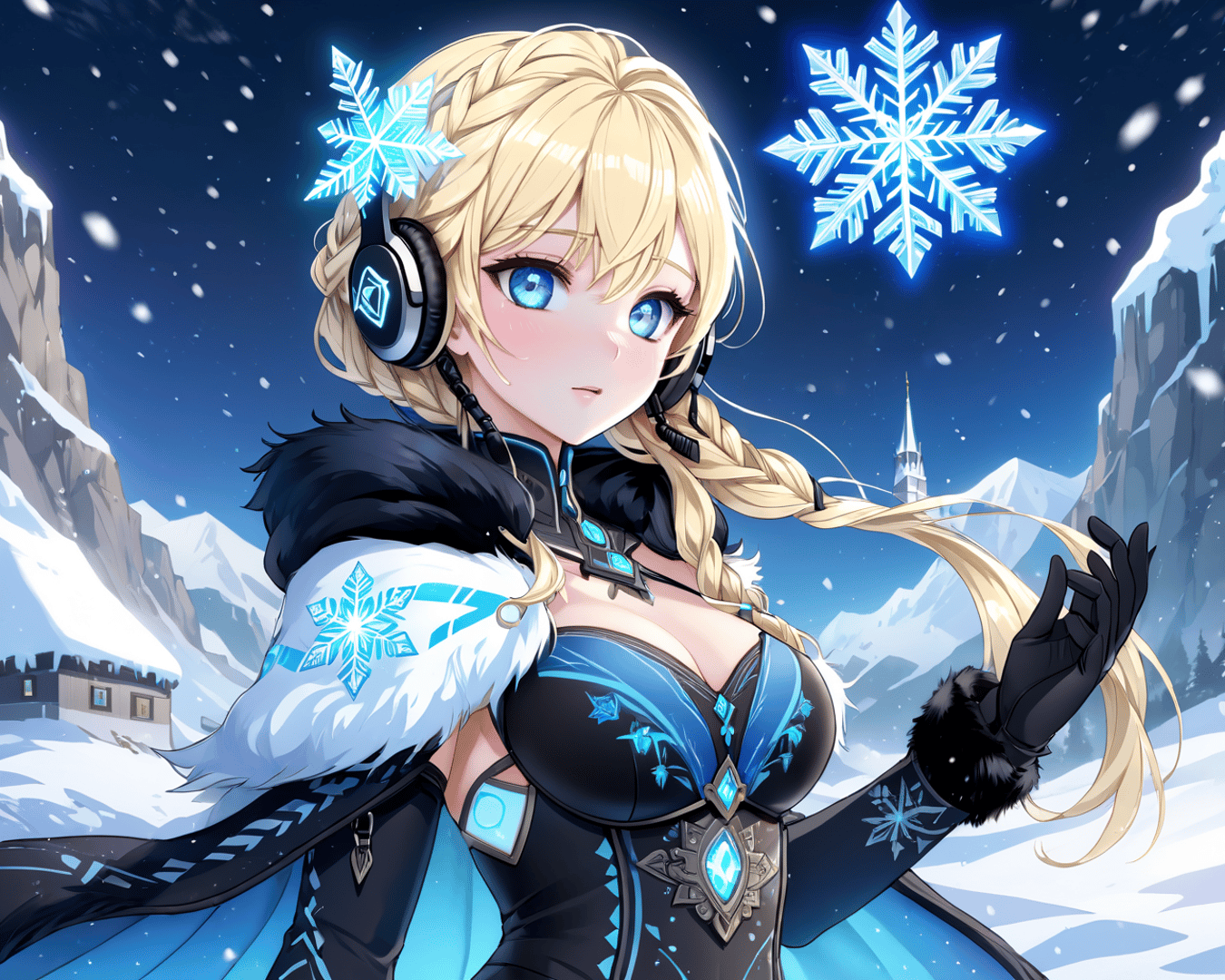 AI generated wallpaper featuring girl, snowflake, headphones