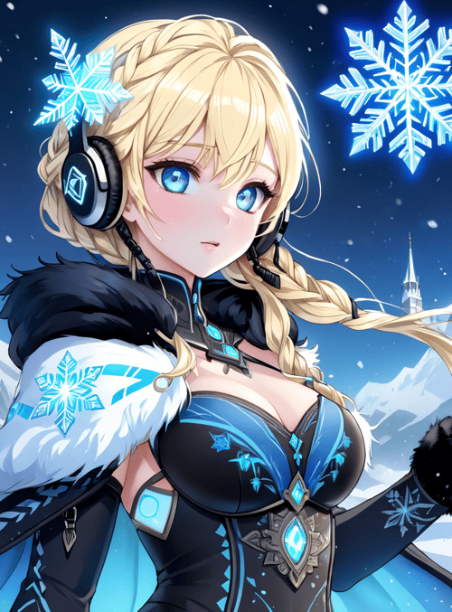 girl, snowflake, headphones
