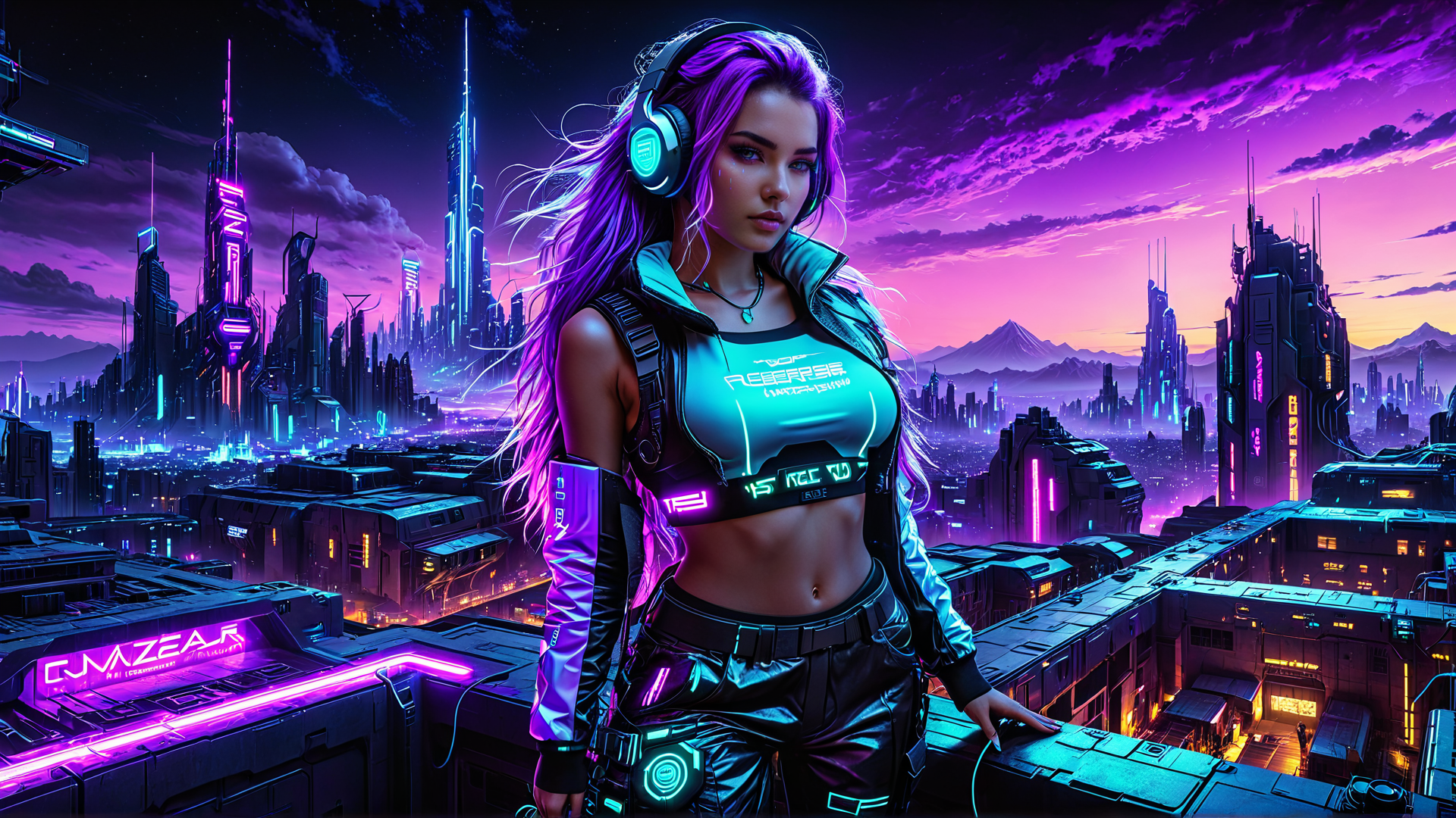 AI generated wallpaper featuring woman, cityscape, neon