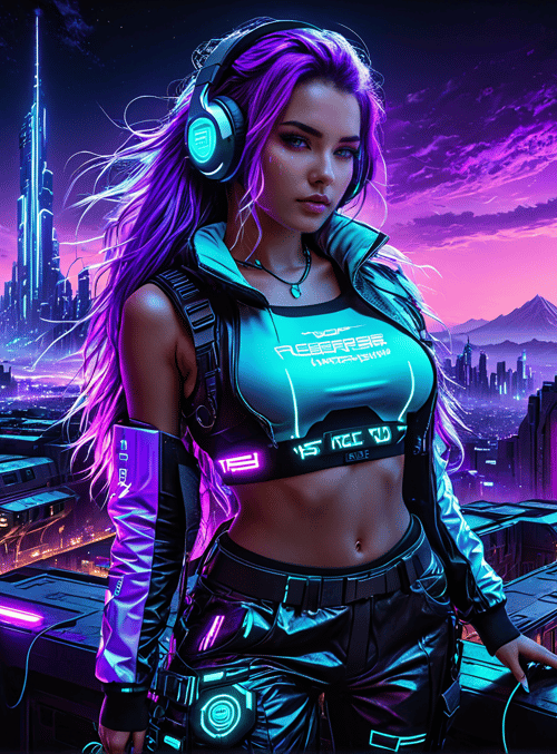 woman, cityscape, neon