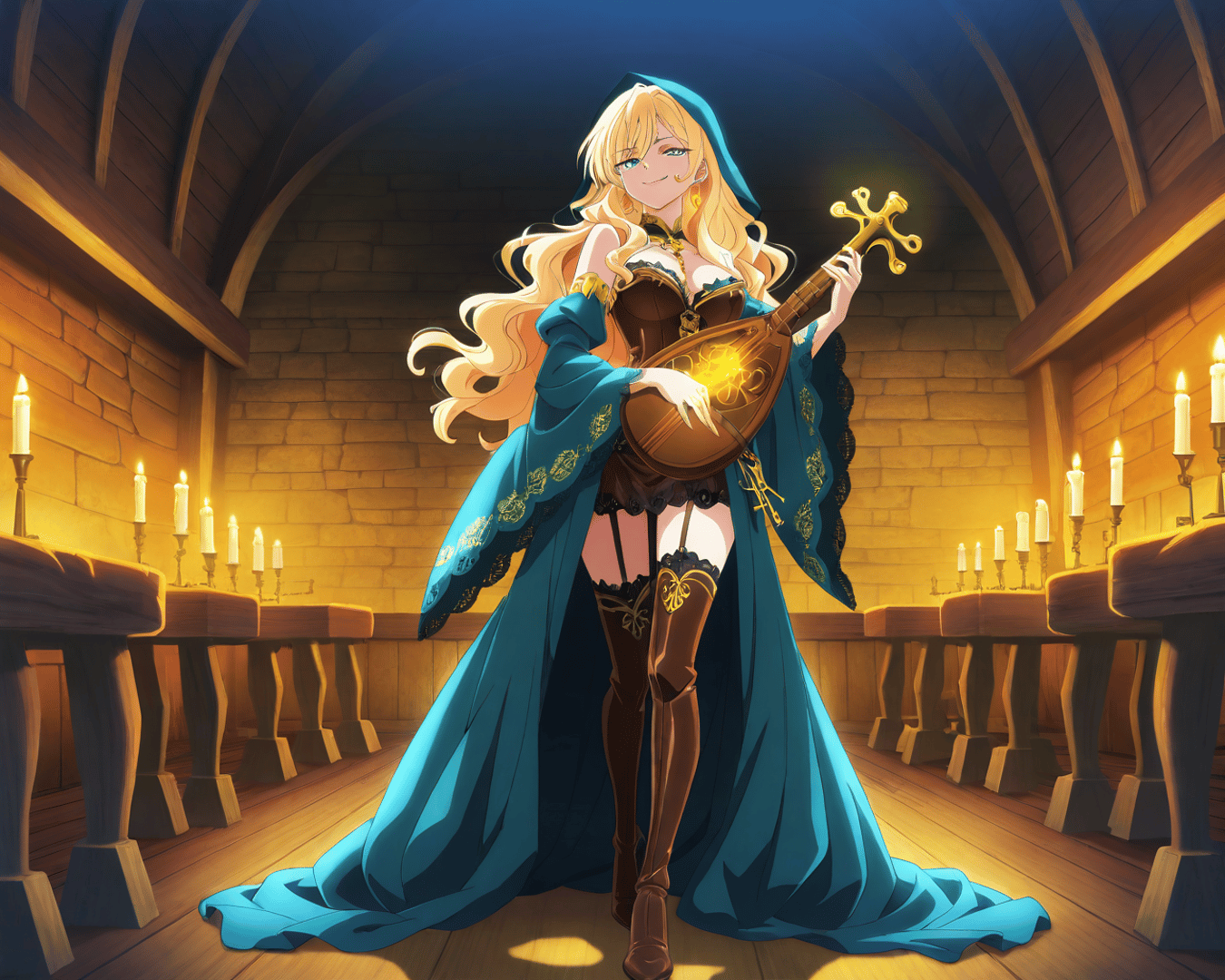 AI generated wallpaper featuring woman, lute, cloak