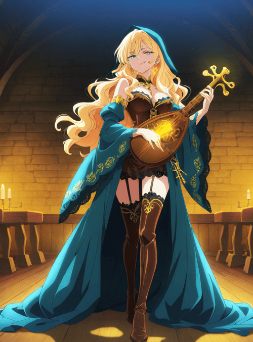 woman, lute, cloak