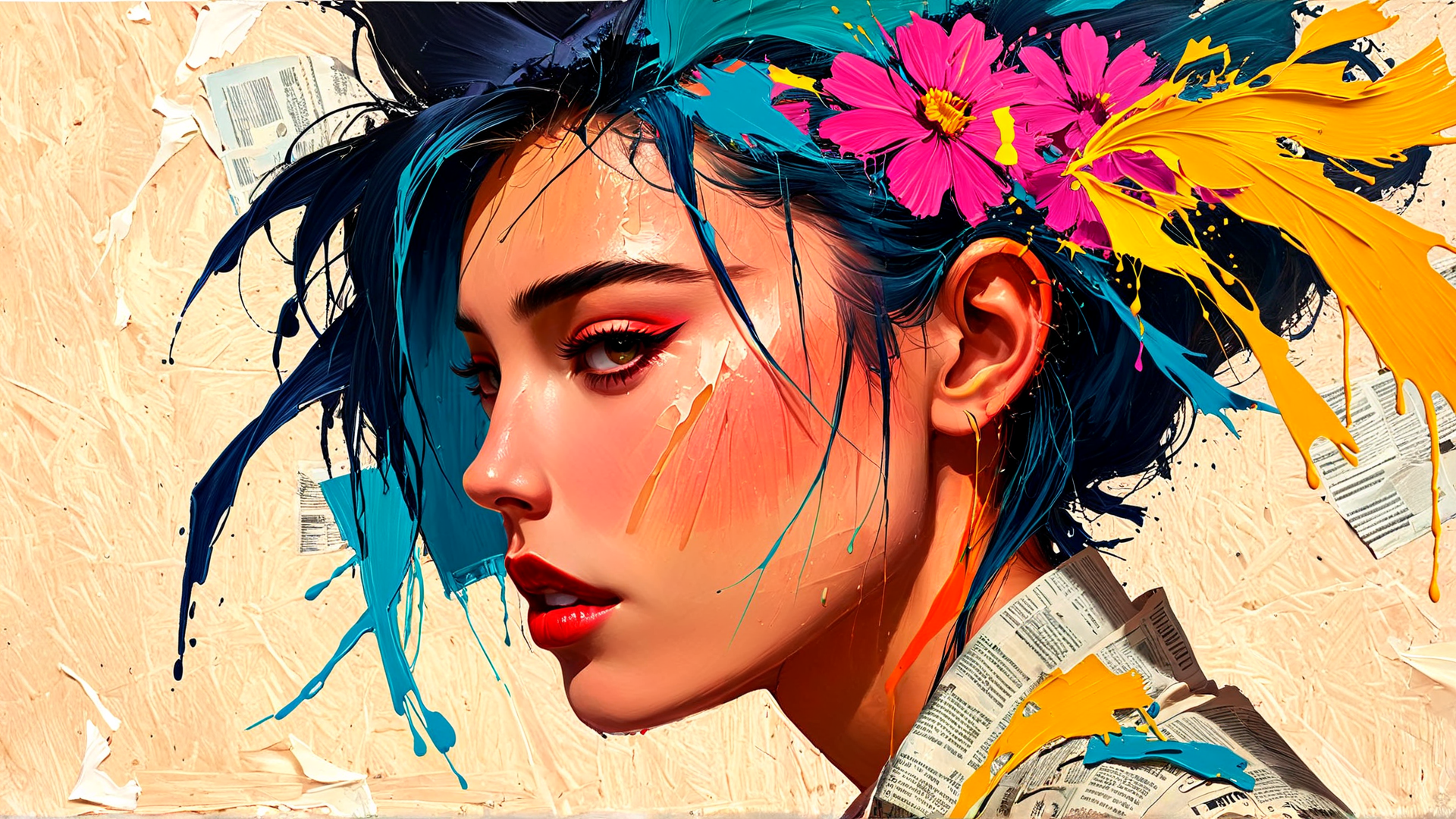 AI generated wallpaper featuring woman, flowers, paint, newspaper, hair