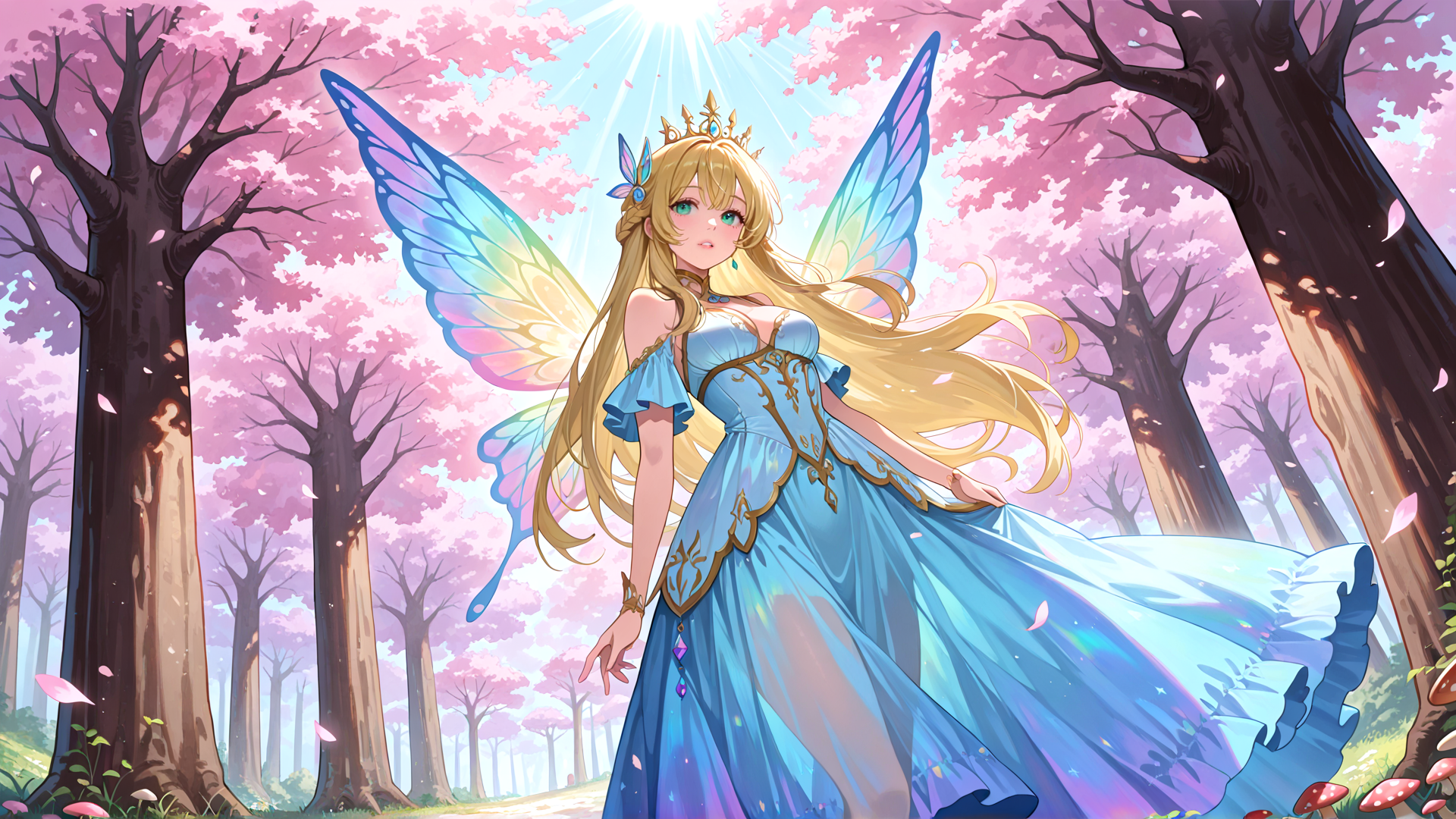 AI generated wallpaper featuring fairy, princess, sakura, trees, sunlight, dress, wings, crown, long hair, mushrooms