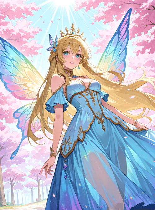 fairy, princess, sakura, trees, sunlight, dress, wings, crown, long hair, mushrooms