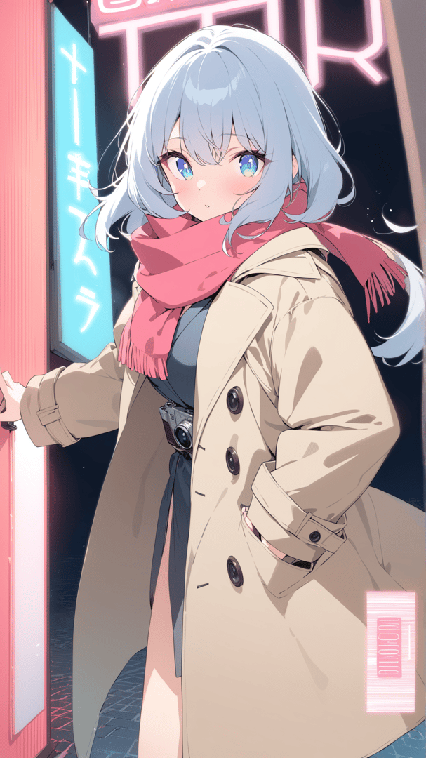 AI generated wallpaper featuring anime girl, camera, scarf