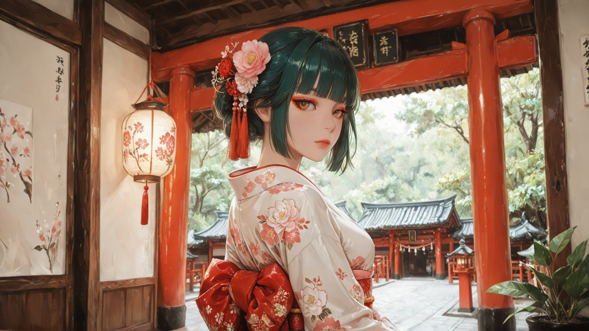 AI generated wallpaper featuring woman, kimono, lantern, garden, cherry blossom, red pillars, traditional building, flower hairpin, tassel, japanese architecture