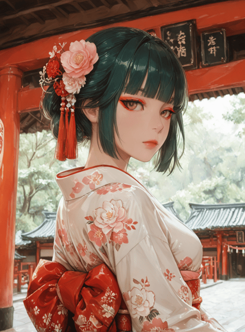 woman, kimono, lantern, garden, cherry blossom, red pillars, traditional building, flower hairpin, tassel, japanese architecture