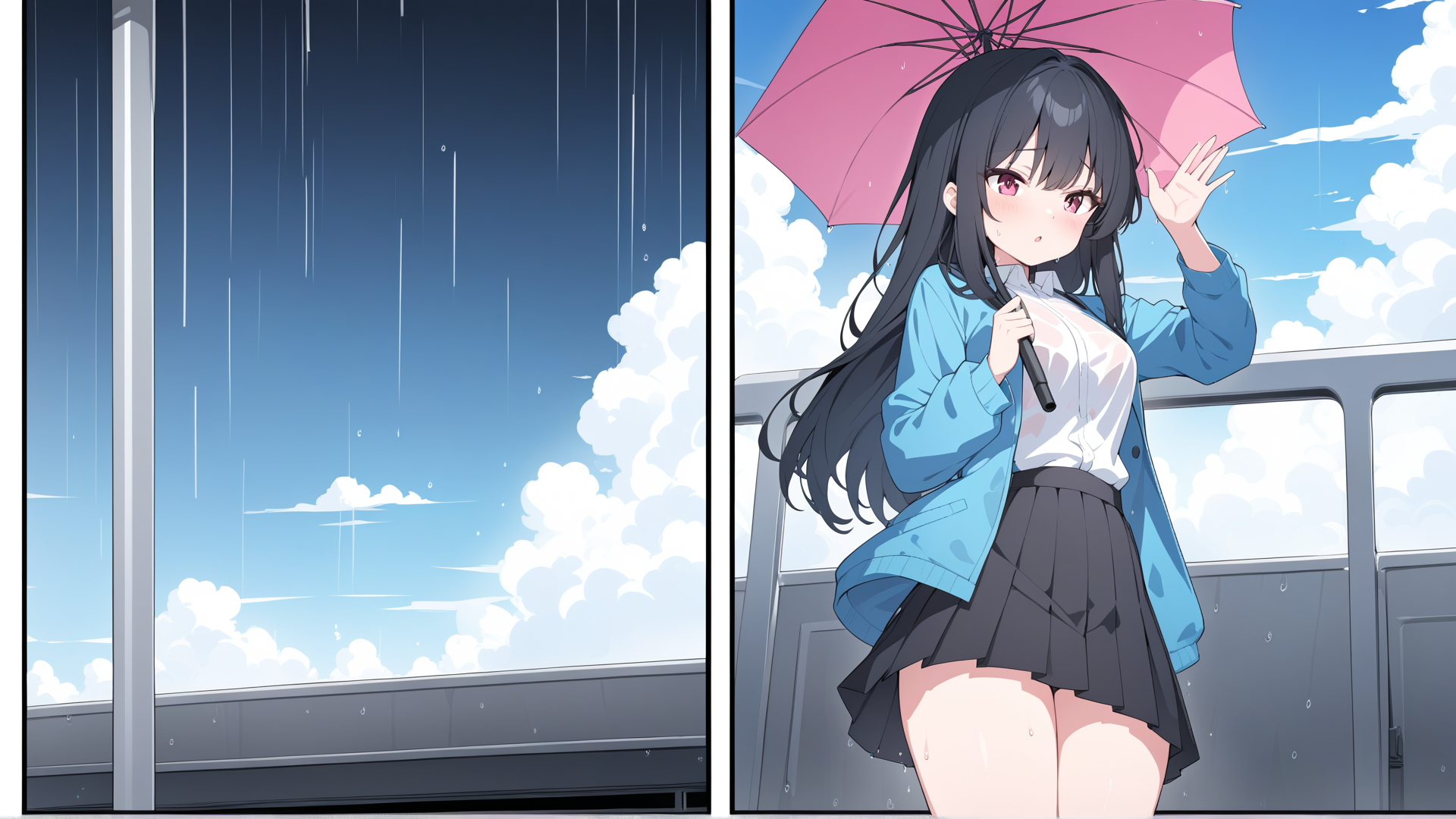 AI generated wallpaper featuring girl, umbrella, train