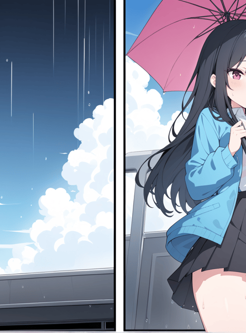 girl, umbrella, train