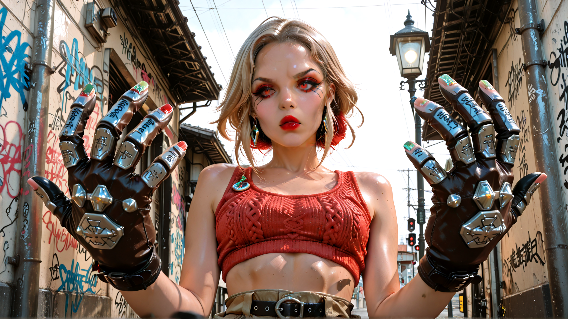 AI generated wallpaper featuring woman, gloved hands, street, graffiti, urban