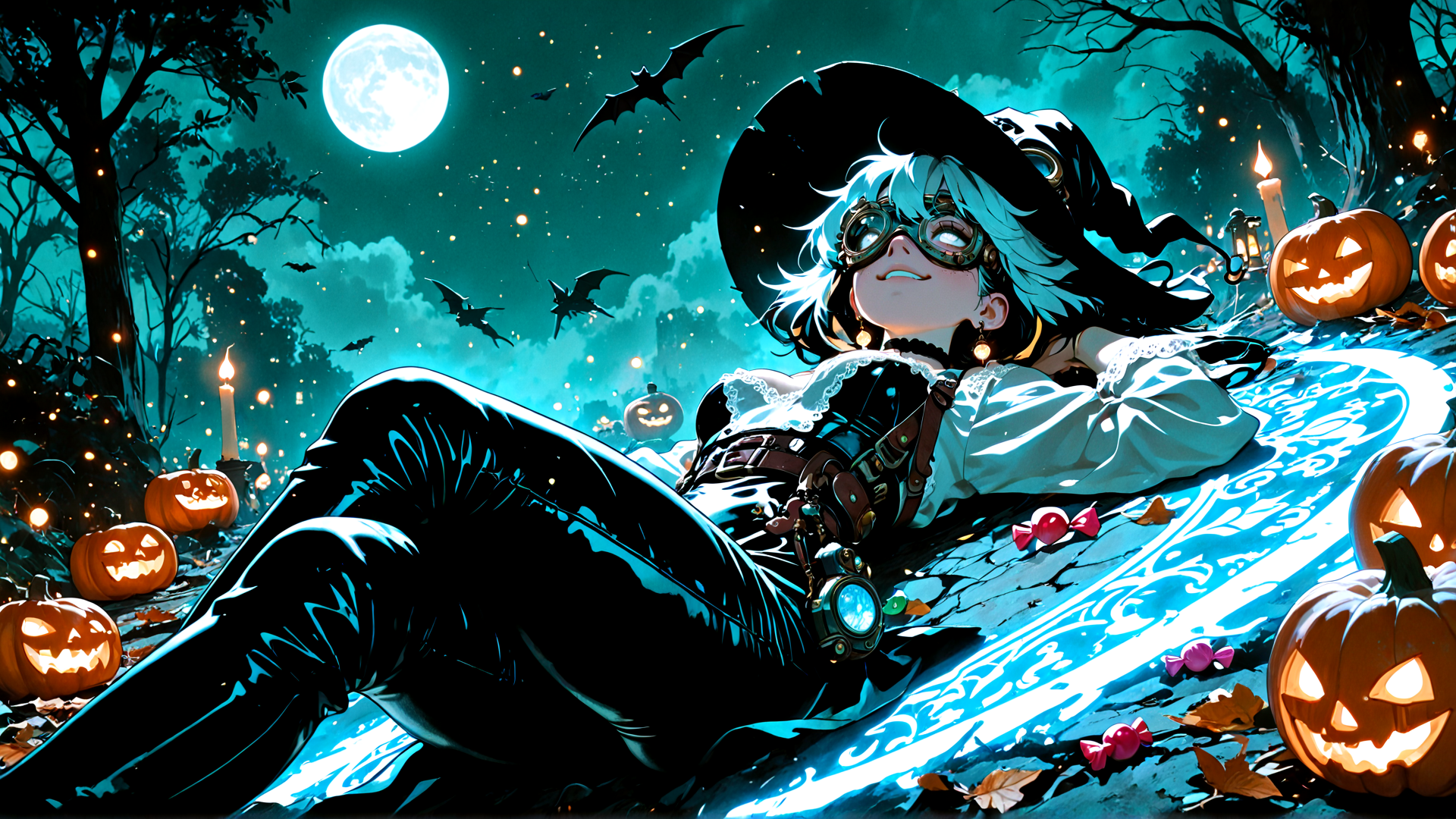 AI generated wallpaper featuring witch, pumpkin, bats, moon, candle, candy, forest, glasses, cape, candy